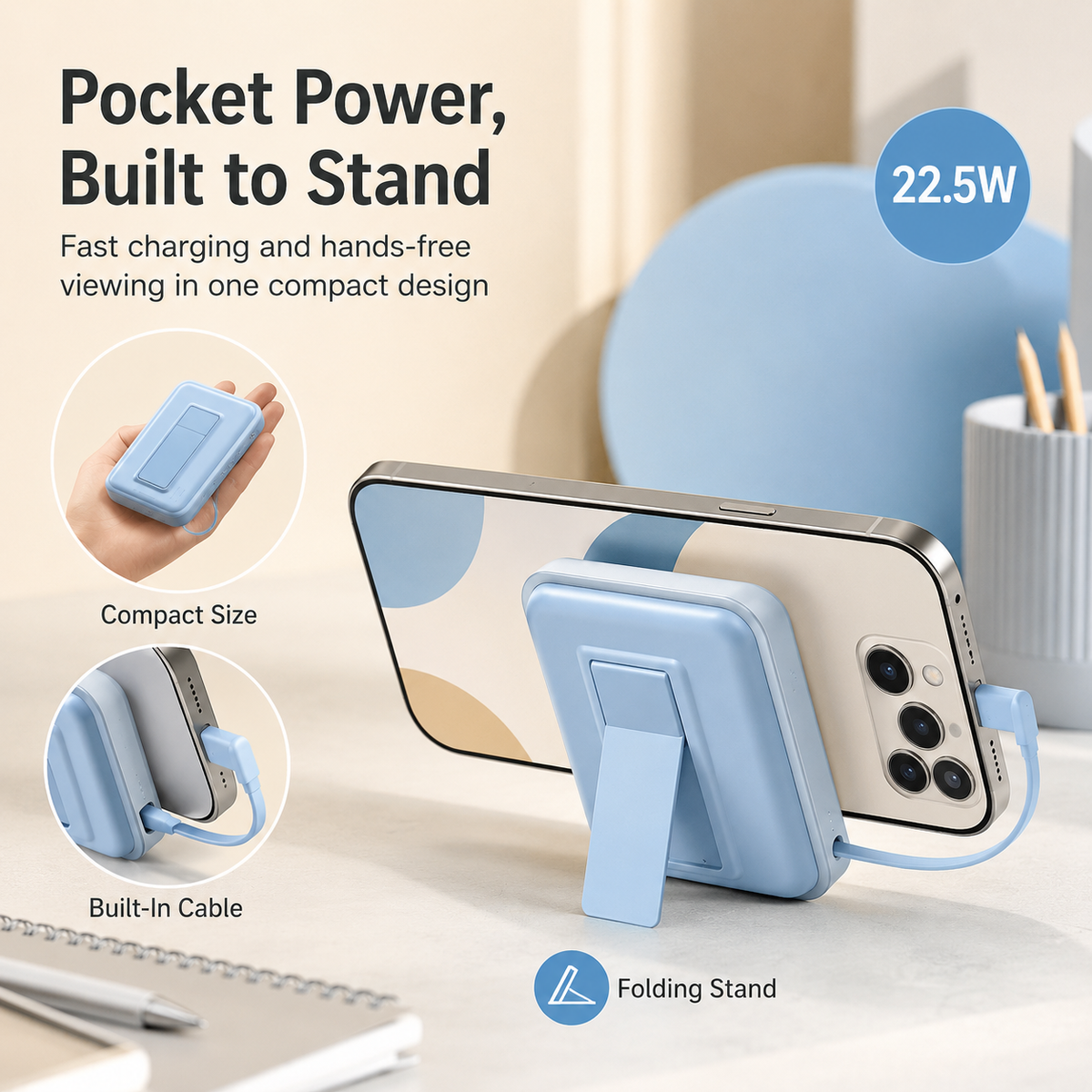 WanderS 10000mAh Magnetic Power Bank with Display & Built-in Cable