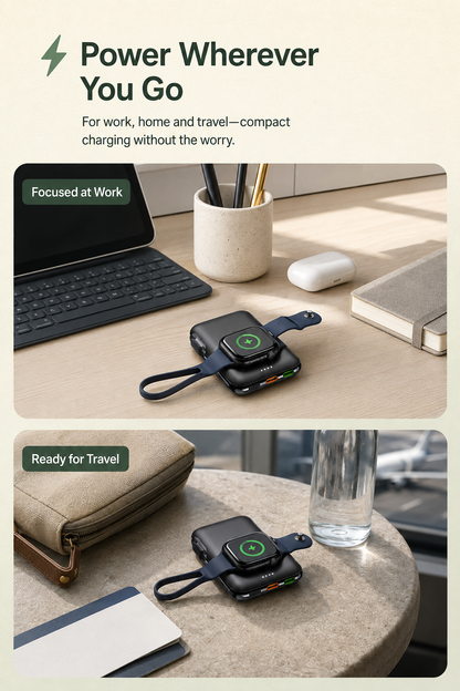 WanderS 5000mAh Phone & Apple Watch Power Bank with Built-in Cable