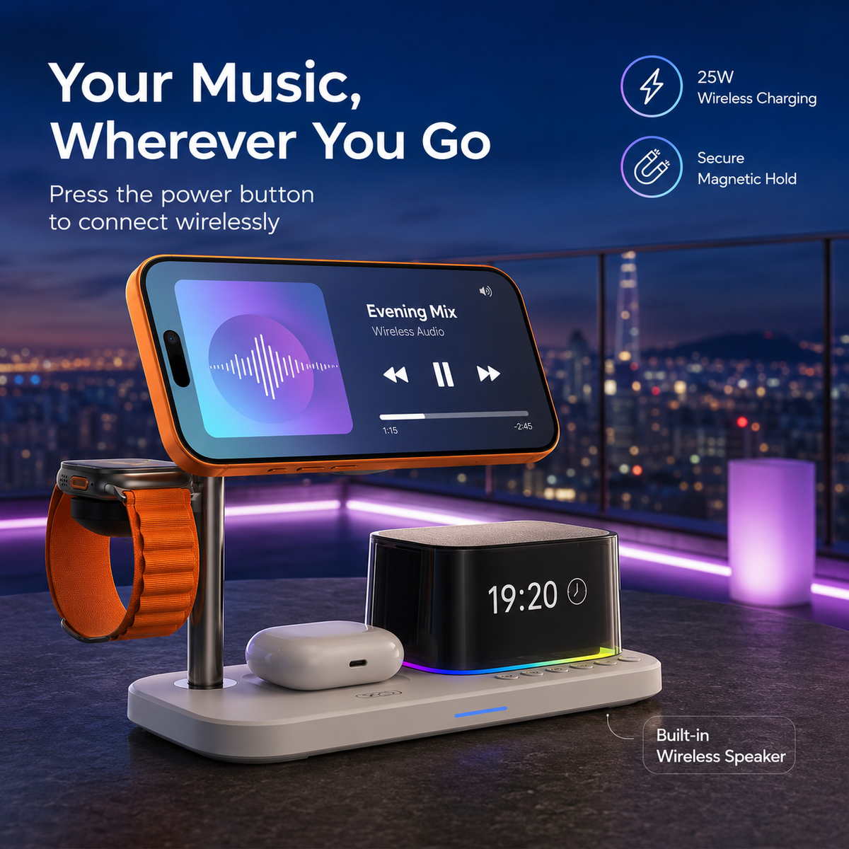 WanderS 5-in-1 Qi2.2 25W Bluetooth Speaker Cooling Wireless Charger